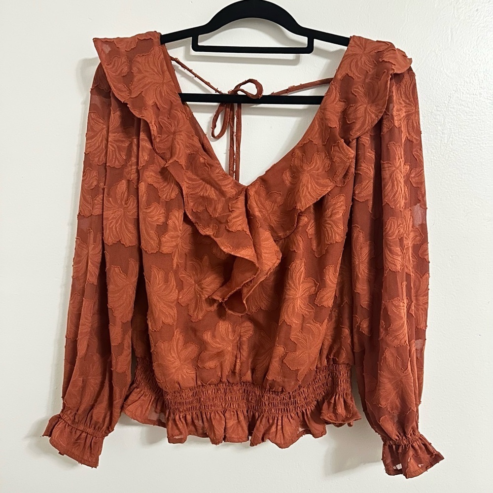NWT Anthropologie Textured Floral Ruffle Blouse Top Ruffled Rust Crimson Small - Picture 3 of 5
